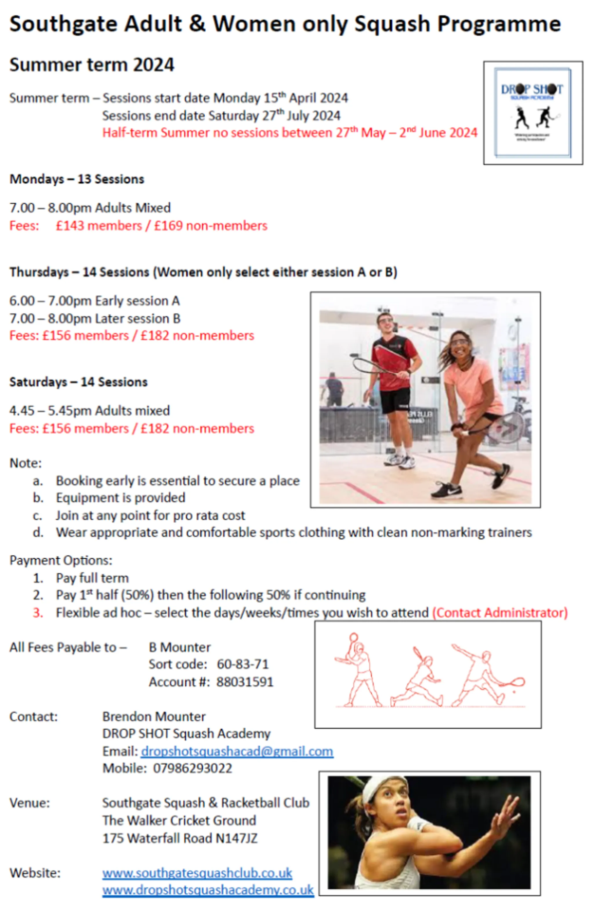 Summer 2024 Adult/Women Only Squash Programme