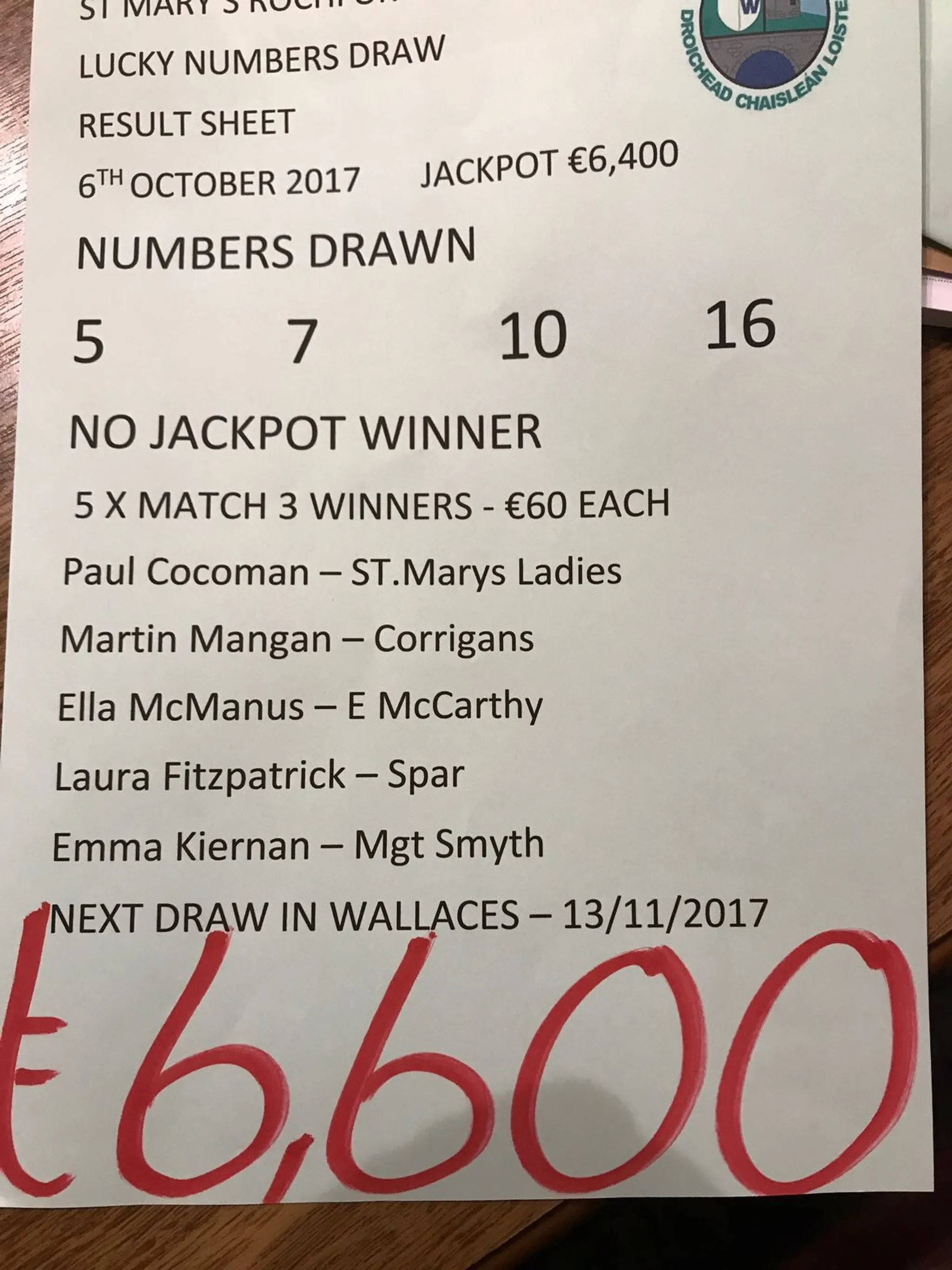 St. Mary's Rochfortbridge Club Lotto Draw