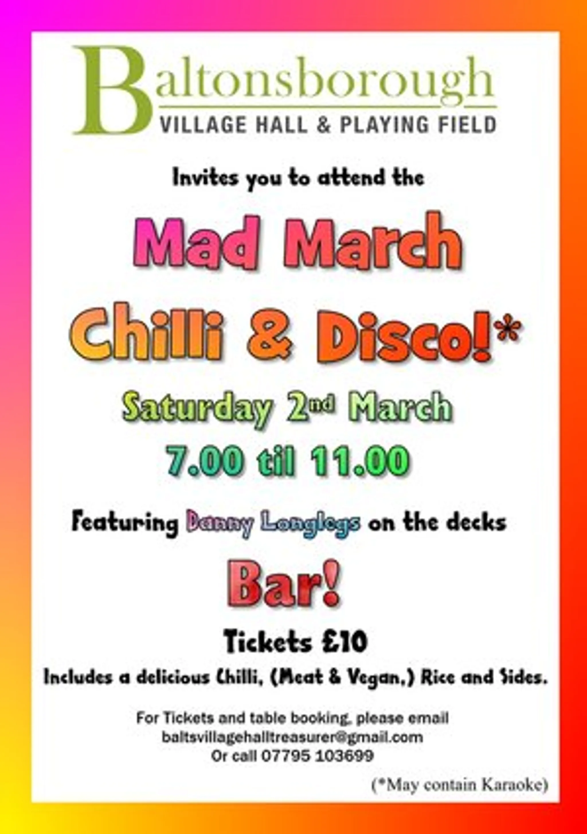 Baltonsborough Village Hall Chilli and Disco night