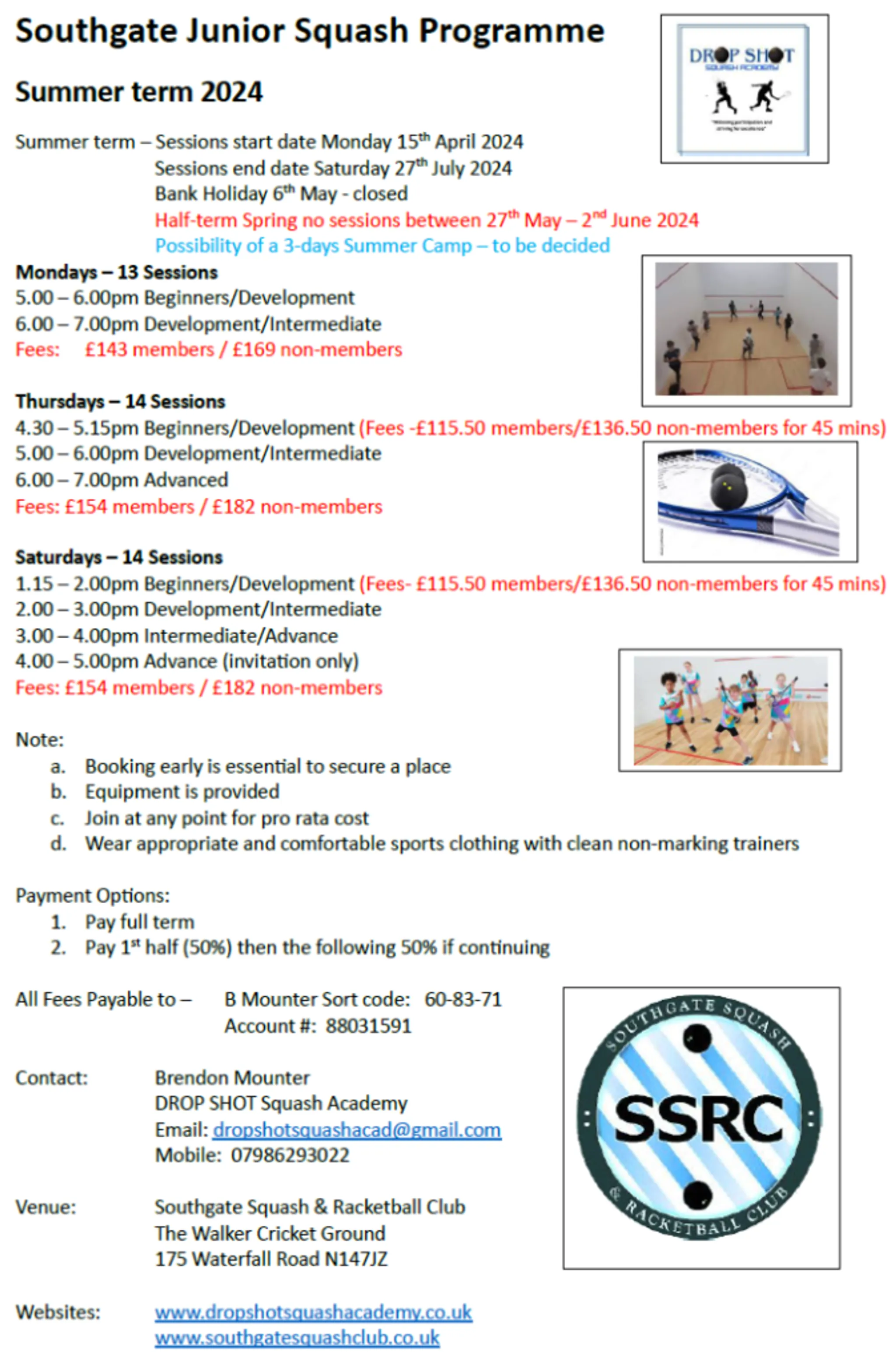 Junior Squash Programme Summer 2024 @SSRC