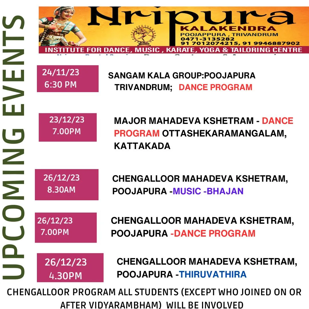 Nripura Kalakendra -Classical and Cinematic Dance Music karate musical instruments classes, Poojapura,Trivandrum