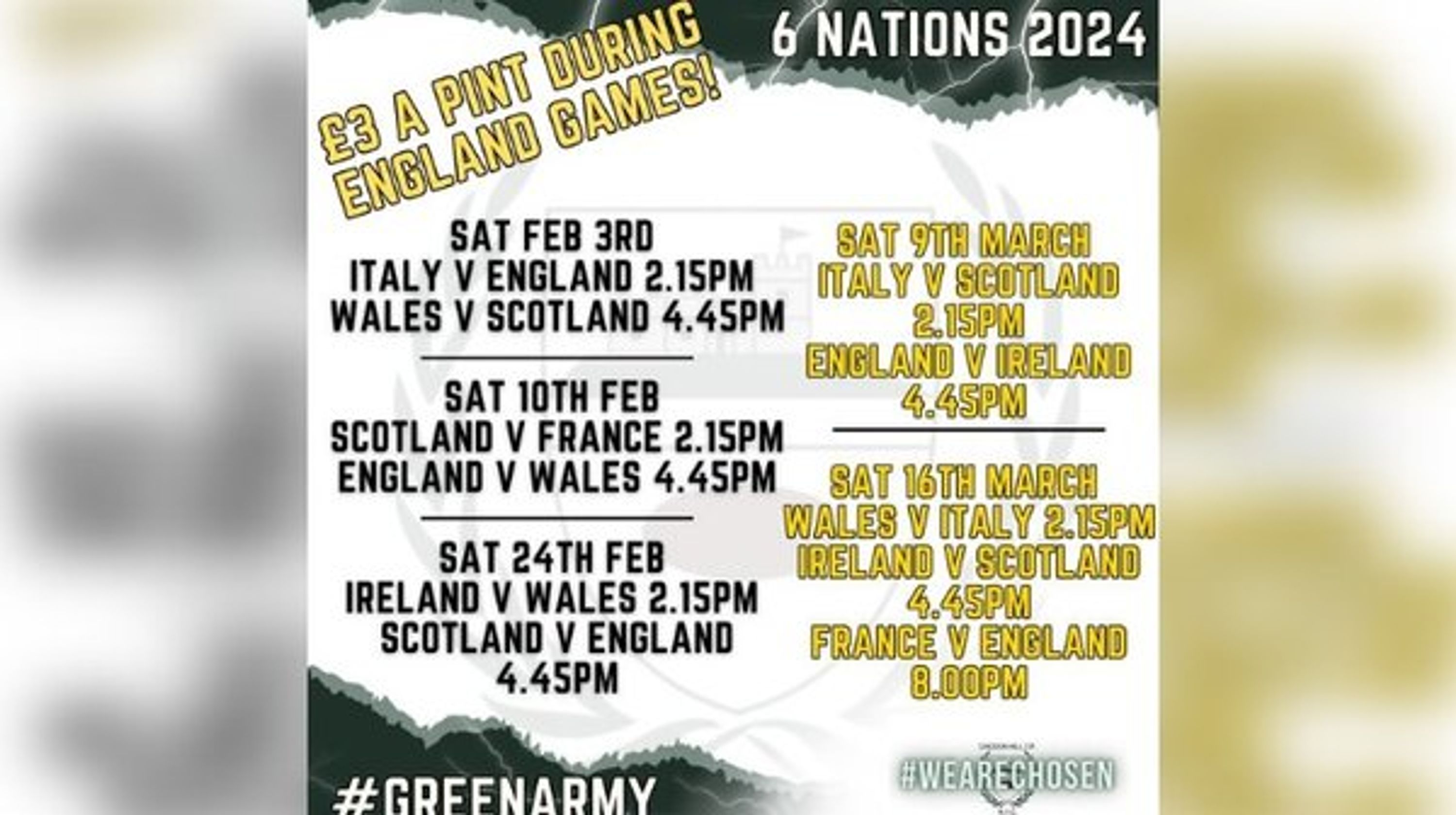 WATCH '6 NATIONS' MATCHES AT THE CLUBHOUSE